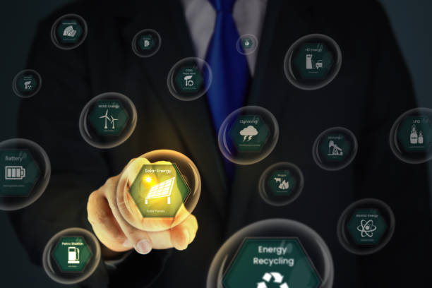 istock Businessman touching solar energy icon ,new business technology. 1320915939