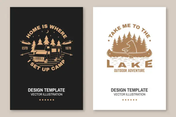 Vector illustration of Set of camping template. Vector illustration Concept for shirt or logo, print, stamp or tee. Vintage typography design with quad bike, bear in canoe, camper trailer and forest silhouette.