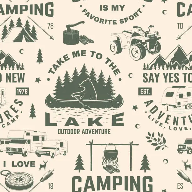 Vector illustration of Summer camp seamless pattern or background. Vector Seamless scene with quad bike, tent, mountain, camper trailer and forest silhouette. Outdoor adventure background for wallpaper or wrapper.