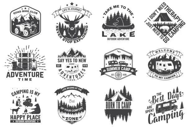 Vector illustration of Set of camping badges. Vector. Concept for shirt or logo, print, stamp or tee. Vintage typography design with quad bike, tent, mountain, camper trailer and forest silhouette.