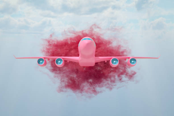 Concept of sucsess and freedom. Small red airplane rises in a blue sky. No roads, no limits.