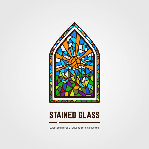 Stained glass line vector Colorful stained glass window. Logo, emblem or icon with text. Sun with rays and grass. Thick line style flat style linear vector. Architecture, religious or gallery. Bright stain glass color window. stained glass stock illustrations