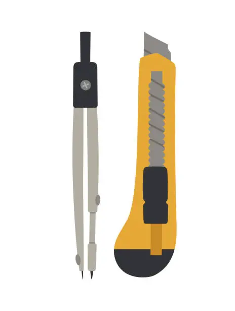 Vector illustration of Vector illustration of compass and stationery knife.