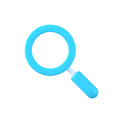 Magnifying 3d loupe vector icon. Blue optical tool for finding details and reading small print. Scientific and business materials analysis research infographic materials template.