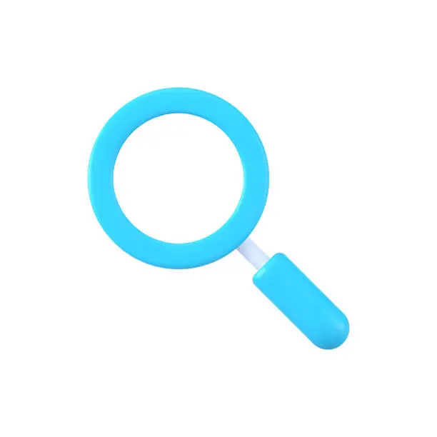 Vector illustration of Magnifying 3d loupe vector icon. Blue optical tool for finding details and reading small print