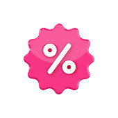 Notched stamp 3d with percent vector icon. Pink label blot with white discount special. Creative marketing retail drive sales and promotion fashionable product stock sale template.
