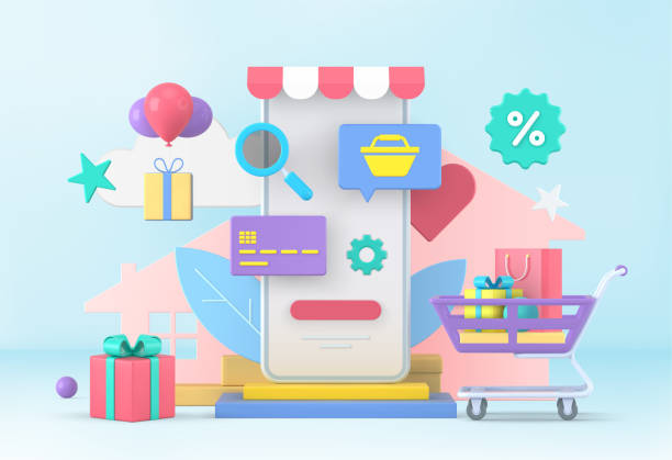 ilustraciones, imágenes clip art, dibujos animados e iconos de stock de compras en línea en 3d con concepto vectorial de regalos de bonificación - internet shop