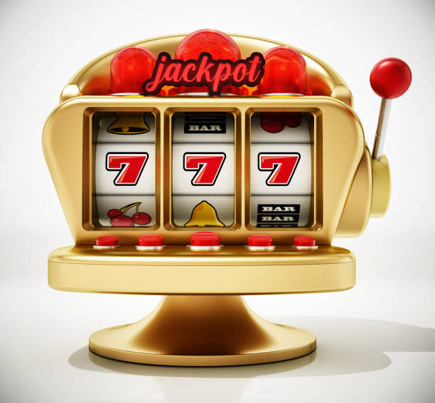 白で隔離された画面上の3つの7を持つスロットマシン - gambling coin operated machine jackpot ストックフォトと画像