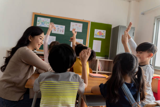istock Asian school teacher with students raising hands 1320924404