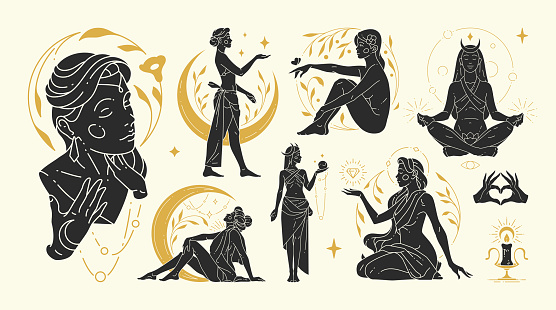 Magic woman vector illustrations of graceful feminine women and esoteric symbols set. Mysterious and witchcraft silhouette design elements for fashion print template or wall art poster decoration.