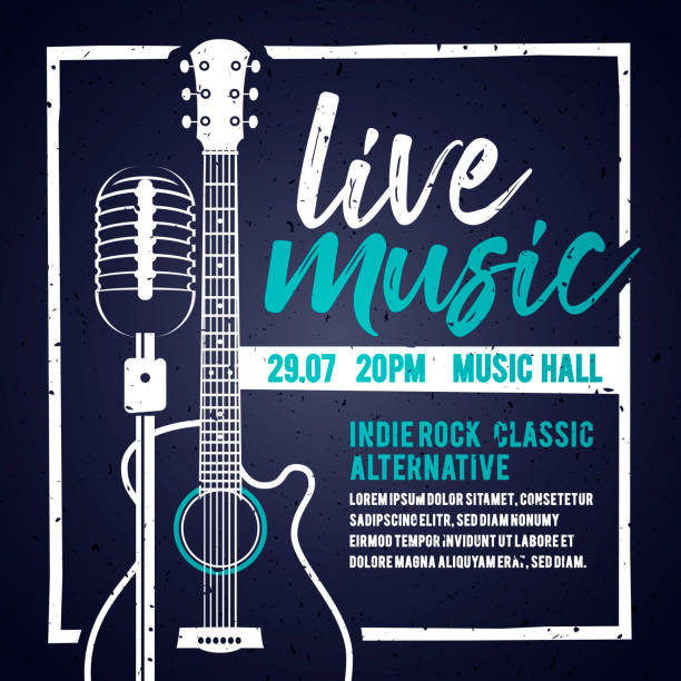 Vector illutration banner with an acoustic guitar and a microphone for concert, live music and party Vector illutration banner with an acoustic guitar and a microphone for concert, live music and party concert stock illustrations
