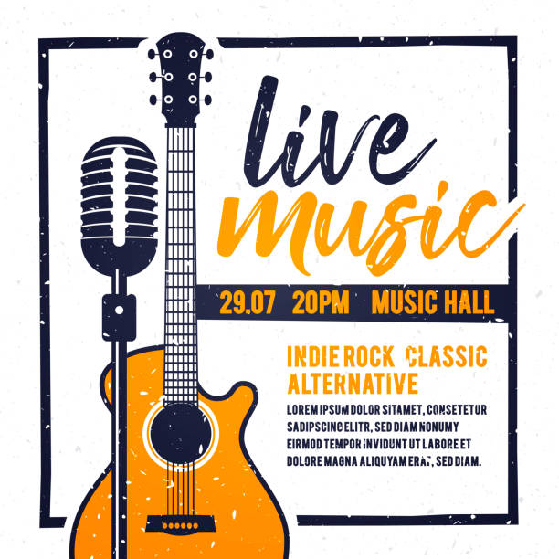 Vector illustration banner or poster for live music festival with orange guitar in retro style Vector illustration banner or poster for live music festival with orange guitar in retro style acoustic guitar stock illustrations