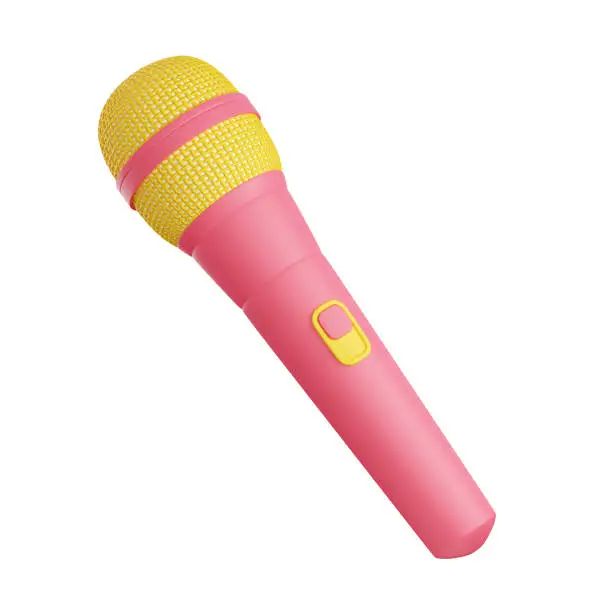 Microphone 3d render illustration. Pink and yellow mic for singing or podcast concept. Pastel colored wireless mike for radio or music entertainment isolated on white background.