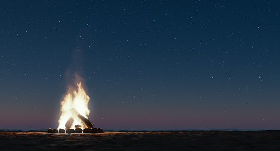 small bonfire on the beach with a starry night with copy space. bonfire of St. John. 3d render