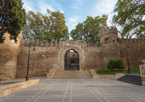 Ramparts and entrance gate to the old town of Baku, Azerbaijan - September 2019,