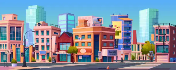 Vector illustration of Infrastructure of city, skyscrapers and roads with traffic lights and zebra. Cityscape with buildings and business district. Skyline scenery outdoors metropolitan. Realistic 3d cartoon vector