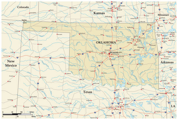 ilustraciones, imágenes clip art, dibujos animados e iconos de stock de mapa de carreteras vectoriales del estado estadounidense de oklahoma - oklahoma tulsa map cartography