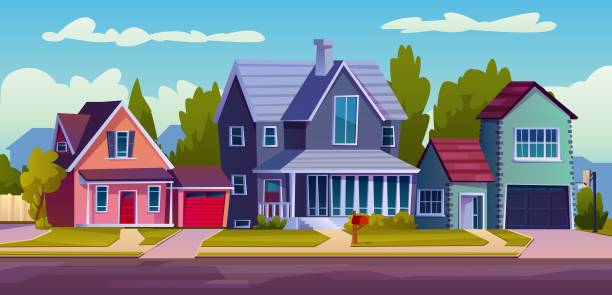 Urban or suburban neighborhood, background with cartoon homes with garages, green trees and driveway. Vector suburb village landscape with cottage houses, facade exterior of modern buildings, blue sky Urban or suburban neighborhood, background with cartoon homes with garages, green trees and driveway. Vector suburb village landscape with cottage houses, facade exterior of modern buildings, blue sky Driveway stock illustrations