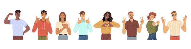 Cheerful men and women gesturing and smiling. Heart sing and thumb up approval symbol, okay and love, luck and success. Male and female characters, young teenagers personages, flat cartoon vector Cheerful men and women gesturing and smiling. Heart sing and thumb up approval symbol, okay and love, luck and success. Male and female characters, young teenagers personages, flat cartoon vector sign language stock illustrations