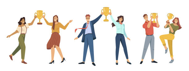 ilustrações de stock, clip art, desenhos animados e ícones de winners holding trophy and awards, isolated business people, best employees for successful teams. celebration of victory and luck, happy male and female characters. vector in flat cartoon style - campeão desportivo ilustrações