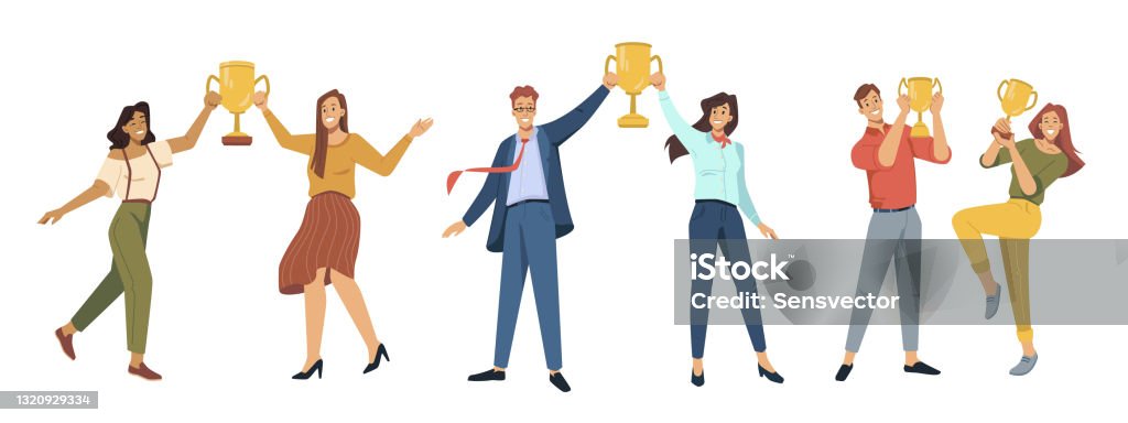 Winners Holding Trophy And Awards Isolated Business People Best Employees  For Successful Teams Celebration Of Victory And Luck Happy Male And Female  Characters Vector In Flat Cartoon Style Stock Illustration - Download