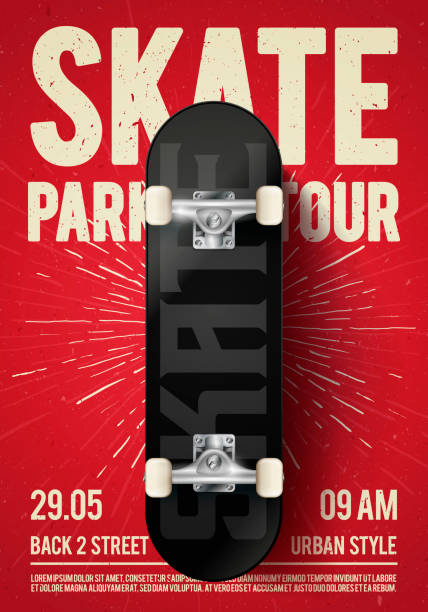 illustrazioni stock, clip art, cartoni animati e icone di tendenza di vector illustration vintage urban skateboarding festival event design poster flyer con skateboard. skate park tour background con effetti grunge. - skateboarding