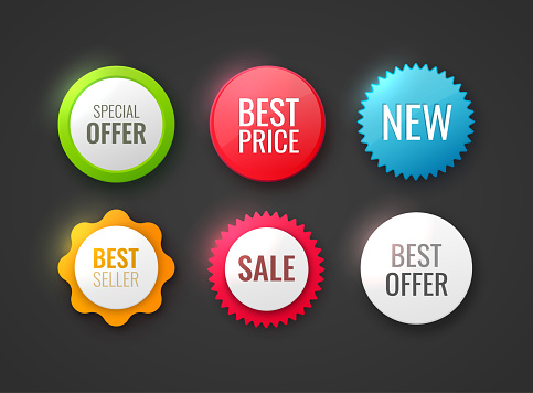 Collection of promo badges. Different colors and shapes badges isolated on white. New offer, best choice, best price and premium tags. Vector illustration
