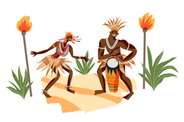 아프리카 부족 사람들은 음악과 춤을 연주. 부족 벡터 일러스트레이션에서 드럼으로 공연하는 남자와 여자. 악기를 가진 소녀와 남자. 전통적인 요소와 의식 - loin cloth stock illustrations