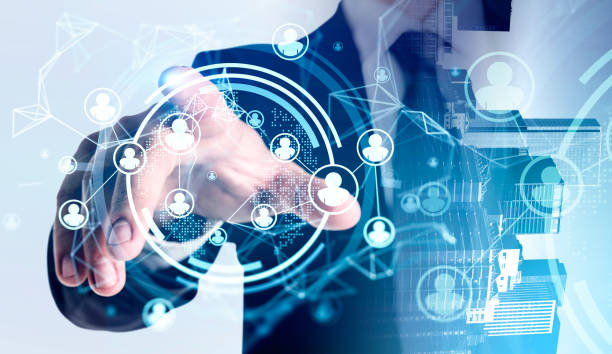 istock Businessman finger touch a digital hud, data symbols with network circuit 1320931720