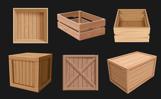 Wooden containers. 3d boxes for fragile empty packages various views cargo shipping wooden containers vector realistic collection. Wood container shipment, merchandise cargo parcel illustration