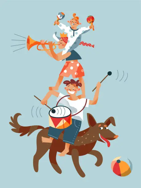 Vector illustration of Children performing and playing music instruments. Dog, boy with drums, girl on top with trumpet, baby in apartment at home vector illustration. Kids having fun on blue background