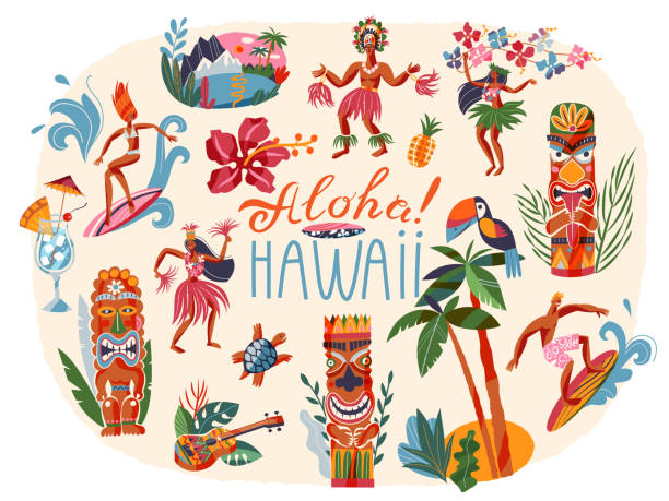 Hawaii aloha tropical summer elements set. Hawaiian party and beach vintage travel poster vector illustration. Girl dancers, man surfing, fruit, bird, tree, wooden totem figures Hawaii aloha tropical summer elements set. Hawaiian party and beach vintage travel poster vector illustration. Girl dancers, man surfing, fruit, bird, tree, wooden totem figures. pineapple beach stock illustrations