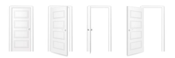 istock White door set. Closed, open, ajar doorway with frame vector illustration. Room entrance with handle in modern office or home. Realistic interior design element background 1320932793