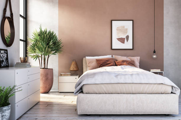 Modern bedroom interior - stock photo Modern interior of bedroom with colored wall, 3d render pink bed stock pictures, royalty-free photos & images