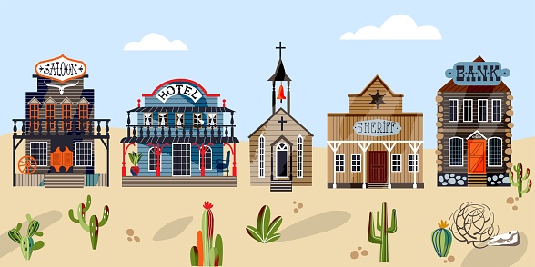 Wild west buildings on road horizontal background. Western American town panorama in wilderness vector illustration. Church, saloon, hotel, bank and sheriff house. Cactus and rocks on desert land