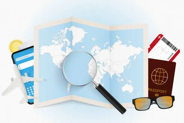 Vector illustration of Travel destination Cape Verde, tourism mockup with travel equipment and world map with magnifying glass on a Cape Verde.