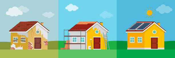 illustrazioni stock, clip art, cartoni animati e icone di tendenza di fasi di ristrutturazione della casa prima e dopo - solar energy sun energy restoring