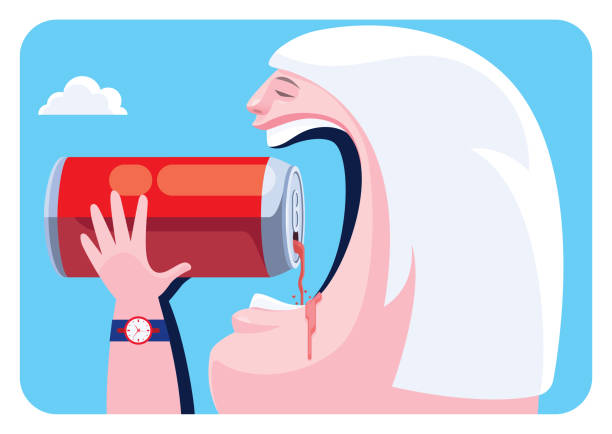 ilustraciones, imágenes clip art, dibujos animados e iconos de stock de mujer mayor que sostiene lata de refresco y bebe - thirsty