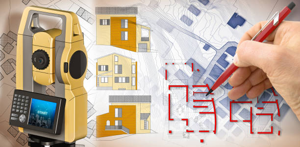 新しい建物を設計する - 想像上の地籍図と、建物プロジェクトに対して地形図を調査して描画するために使用される測地線装置の3dレンダリングを使用してコンセプトを設計します。 - instrument of measurement ストックフォトと画像