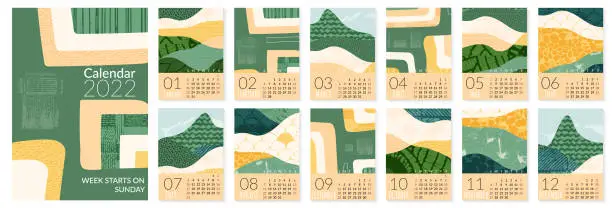 Vector illustration of 2022 calendar template with abstract green nature field landscape. Simple eco environment background. Calendar design concept with agriculture theme. Set of 12 months 2022 pages. Vector illustration