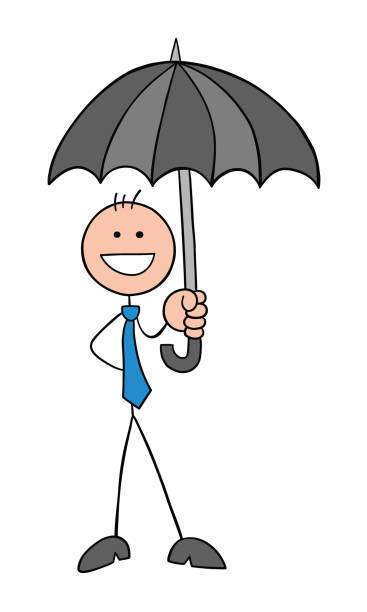 ilustrações de stock, clip art, desenhos animados e ícones de stickman businessman character holding umbrella and happy, vector cartoon illustration - protection umbrella people stick figure