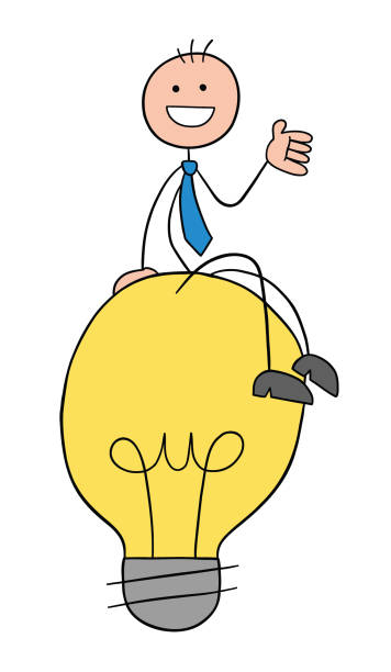 istock Stickman businessman character happy and sitting on the light bulb idea, vector cartoon illustration 1320940802