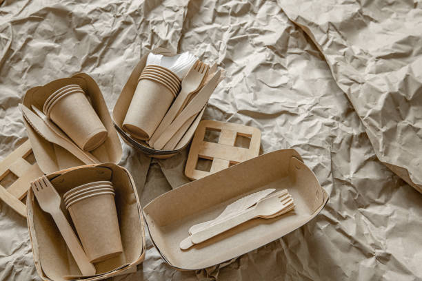 istock Composition with disposable ecological dishes and cutlery. 1320940925