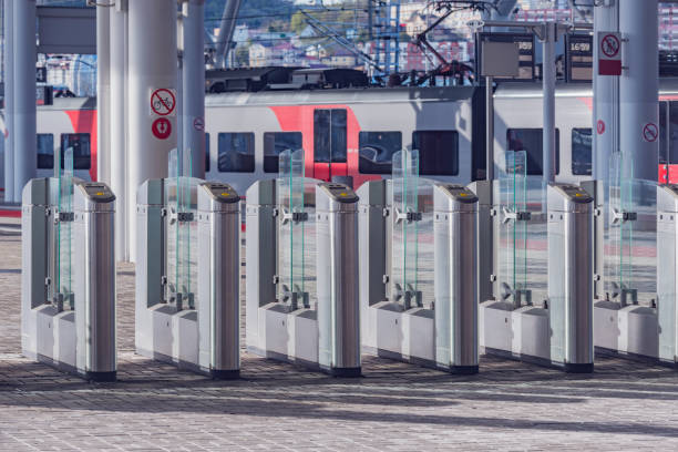 istock Turnstiles with electronic card readers on the platform. 1320941150