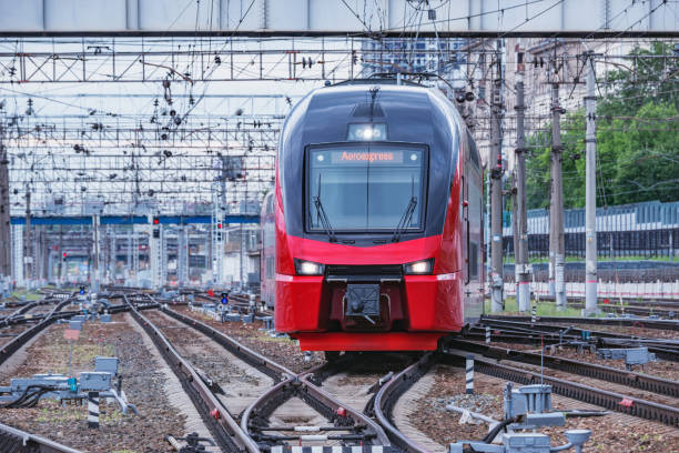 istock Passenger train from the airport approaches to the platform. 1320943408