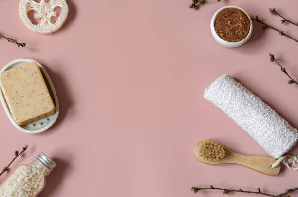 istock Flat lay spa composition with bath accessories for body care copy space. 1320943448