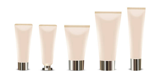istock Vector 3d realistic plastic, beige tube packaging with metal glossy lid on a white background. Design template of toothpaste, cosmetics, cream mockup. Foreground 1320943975
