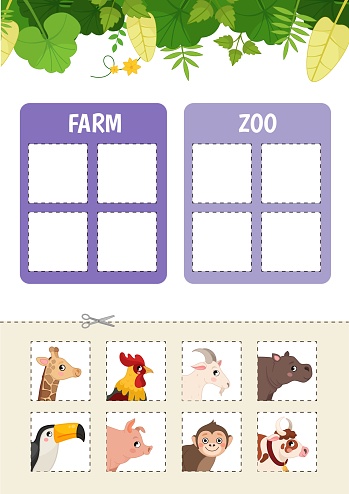 Matching children educational game. Activity for pre shool years kids and toddlers. Farm and zoo animals.