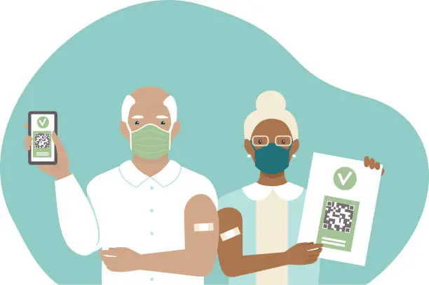 Vector illustration of Vaccinated people using digital health passports. Elderly man showing an app in mobile phone. Woman hold immunization certificate with qr code printed on paper. Covid passport concept.