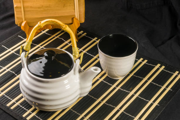 istock Traditional tea accessories on a bamboo Mat, close-up, macro 1320946100